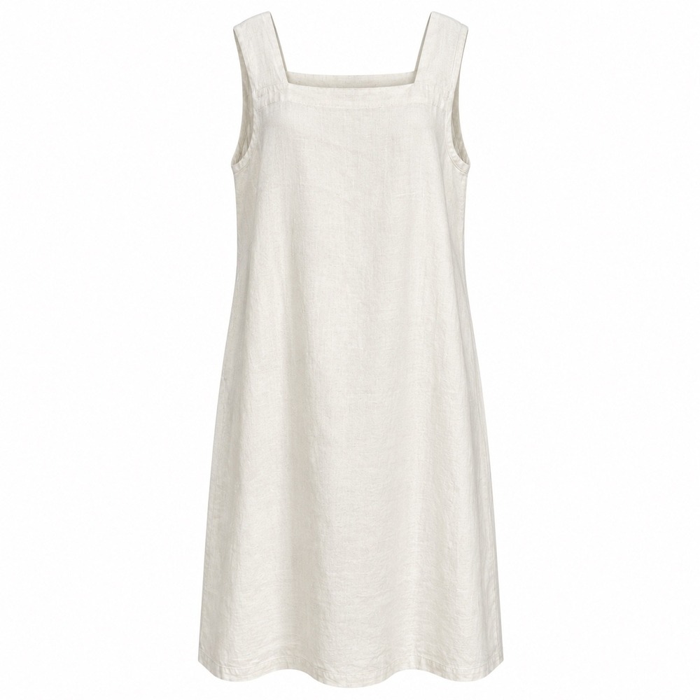 Flax Linen Pinafore Midi Dress White Sleeveless Square Neck Shift Pockets L